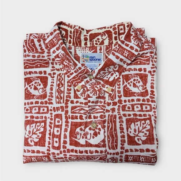 VTG Reyn Spooner Hawaiian Shirt Red XXL Reverse Print Classic Floral Fish Leaf - Picture 3 of 11